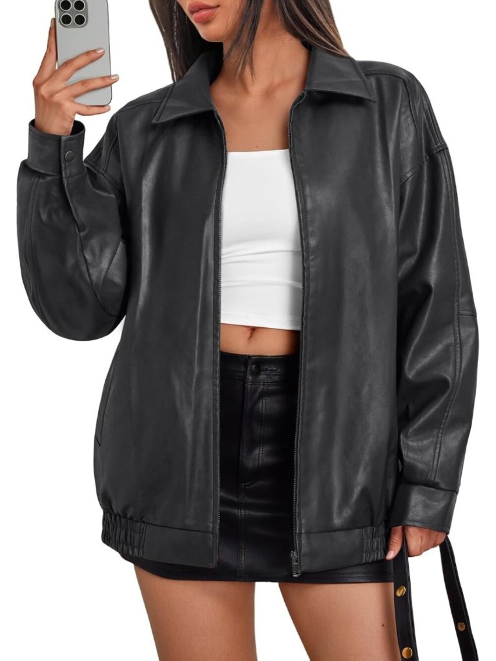 Women’s Dark grey Oversized Faux Leather Motorcycle Moto Biker Jacket